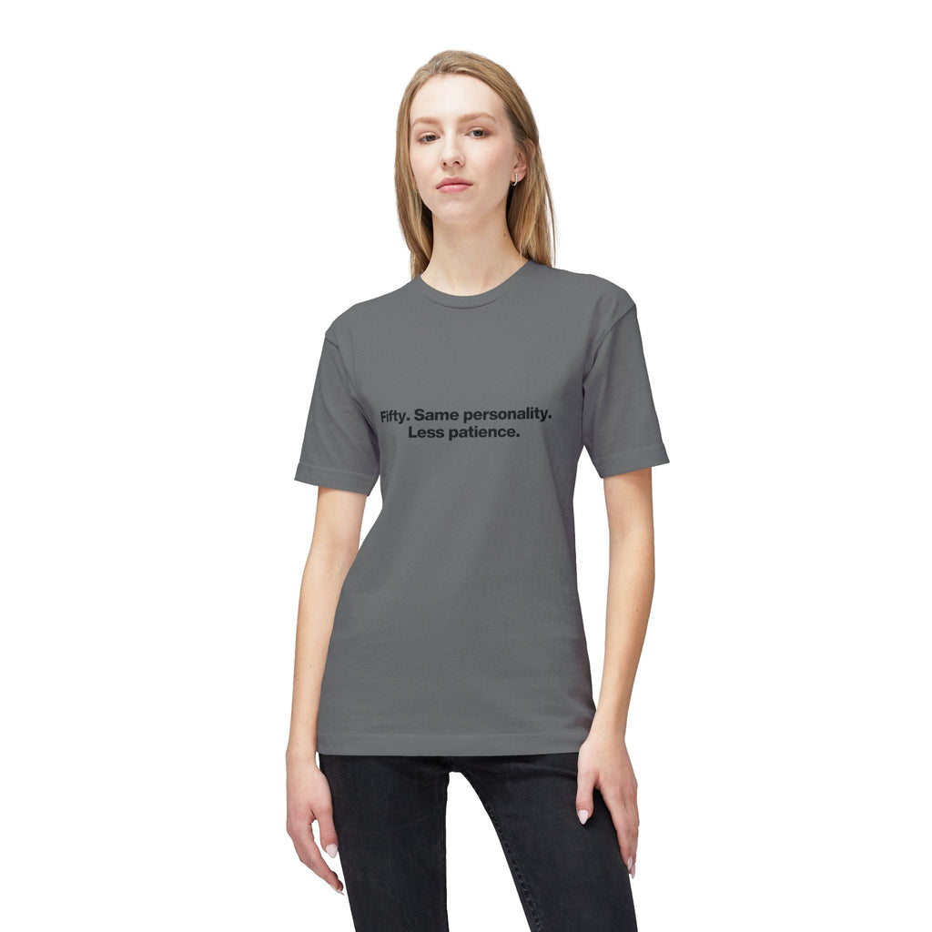 50th Birthday T-Shirt — "Fifty. Same personality. Less patience." Minimal Tee