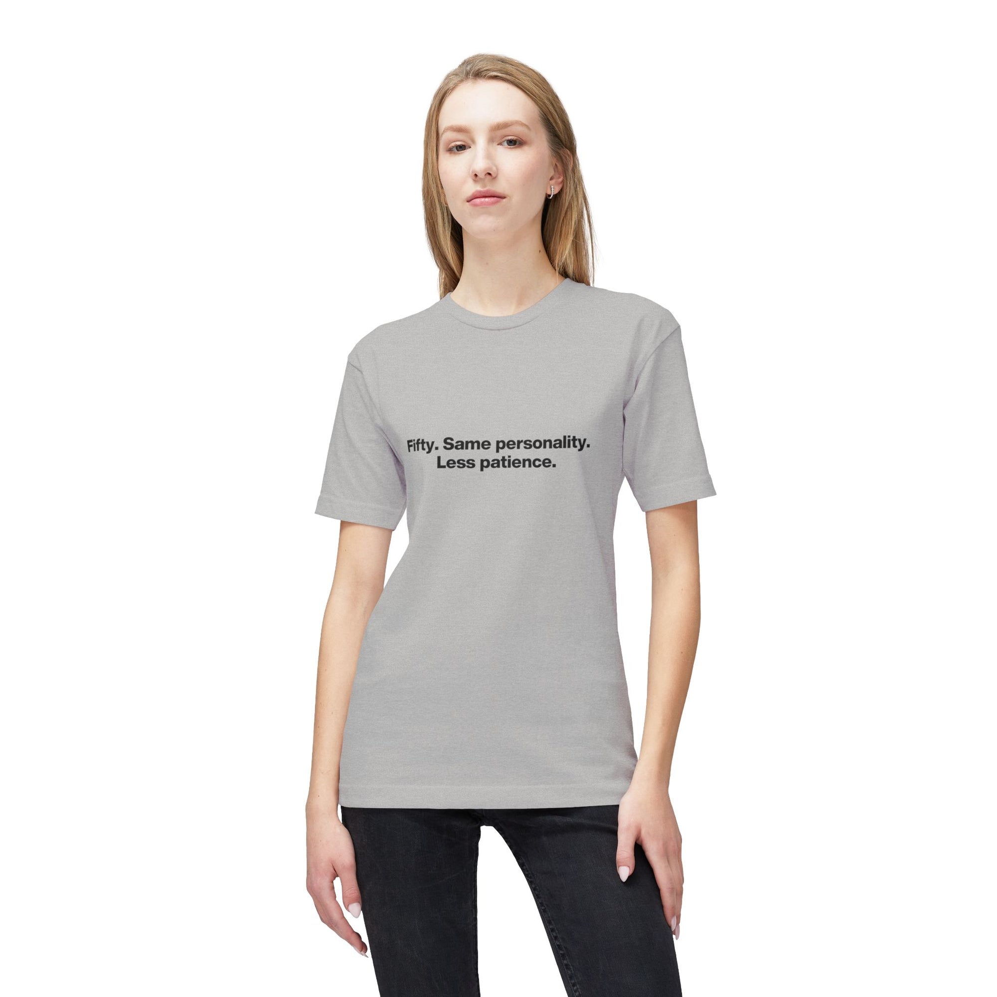 50th Birthday T-Shirt — "Fifty. Same personality. Less patience." Minimal Tee