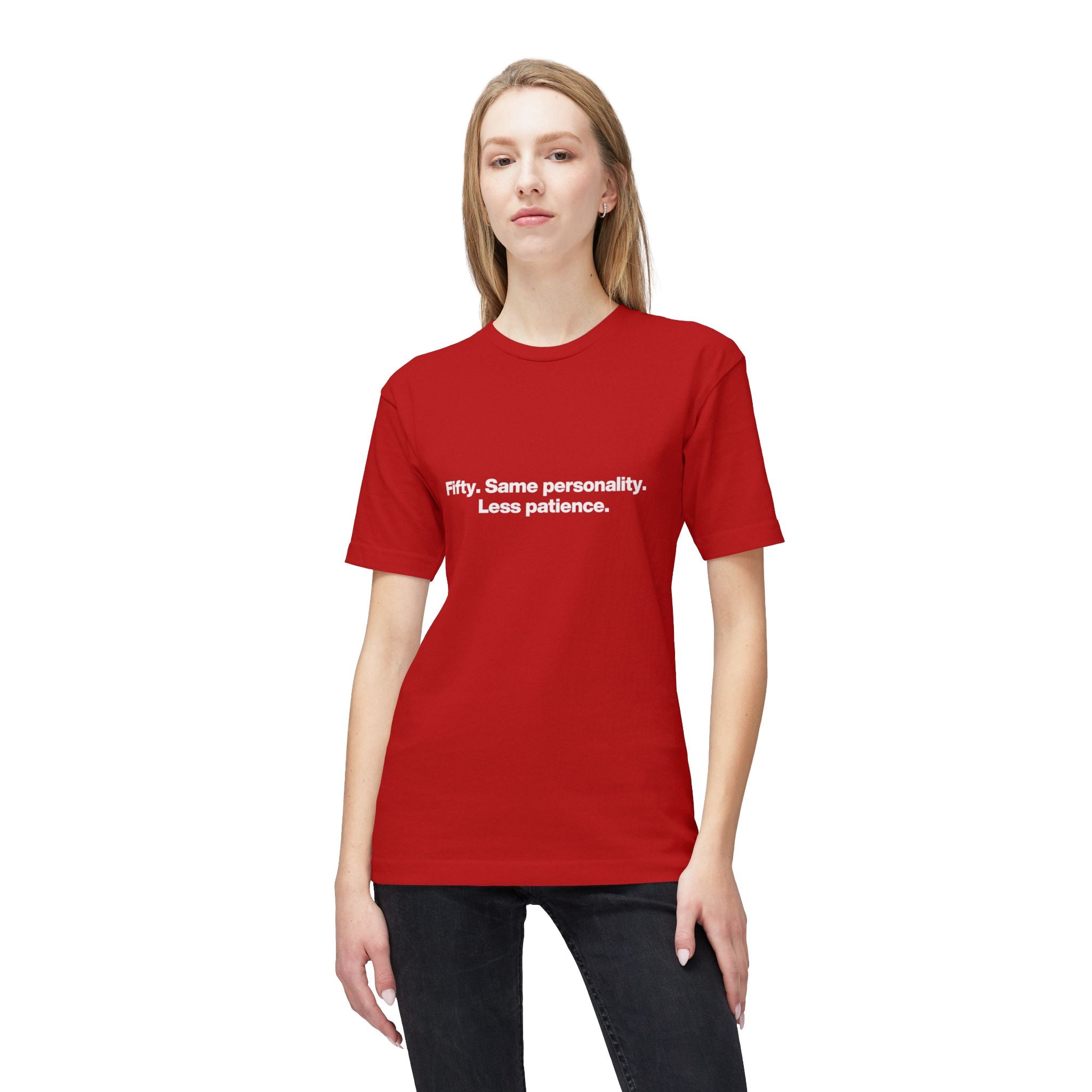 50th Birthday T-Shirt — "Fifty. Same personality. Less patience." Minimal Tee