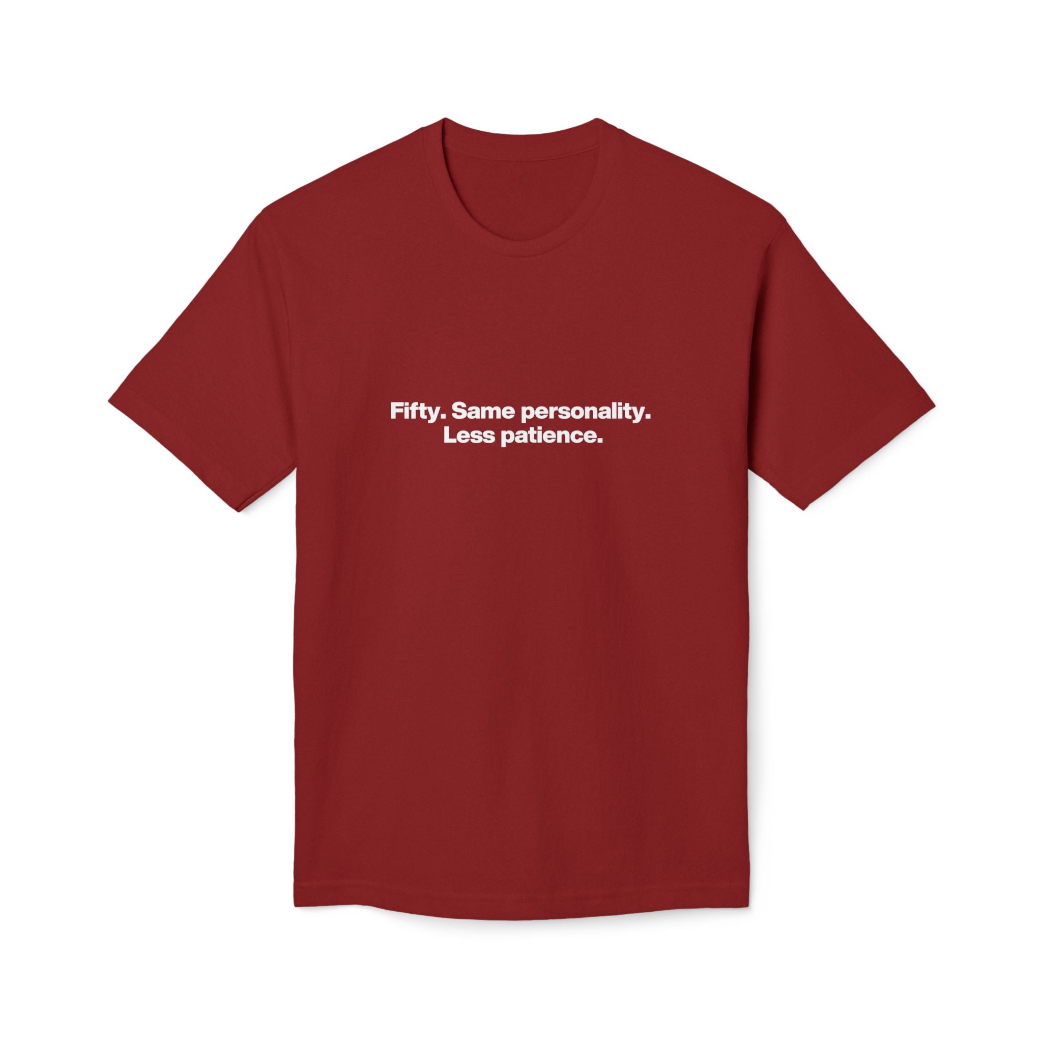 50th Birthday T-Shirt — "Fifty. Same personality. Less patience." Minimal Tee