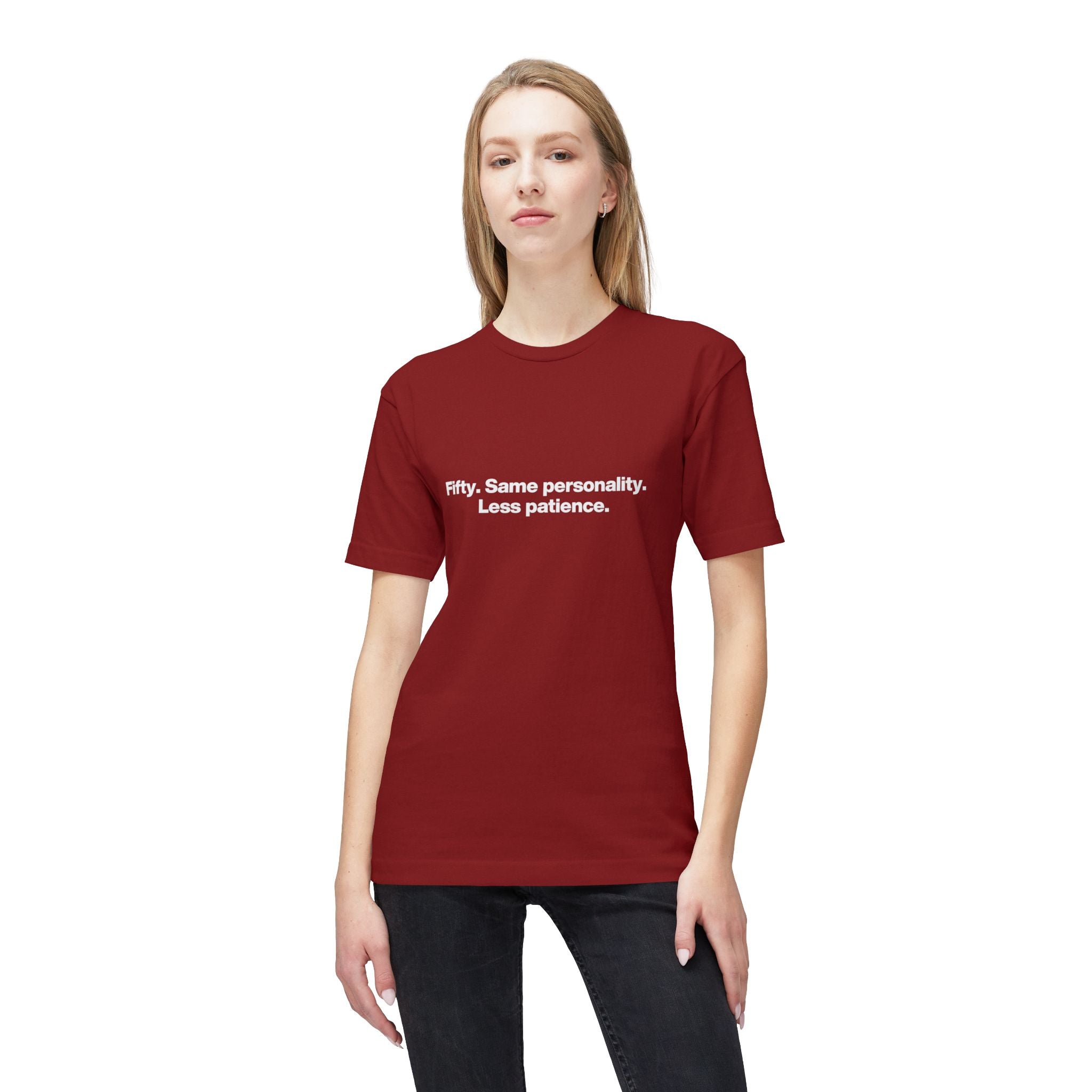 50th Birthday T-Shirt — "Fifty. Same personality. Less patience." Minimal Tee
