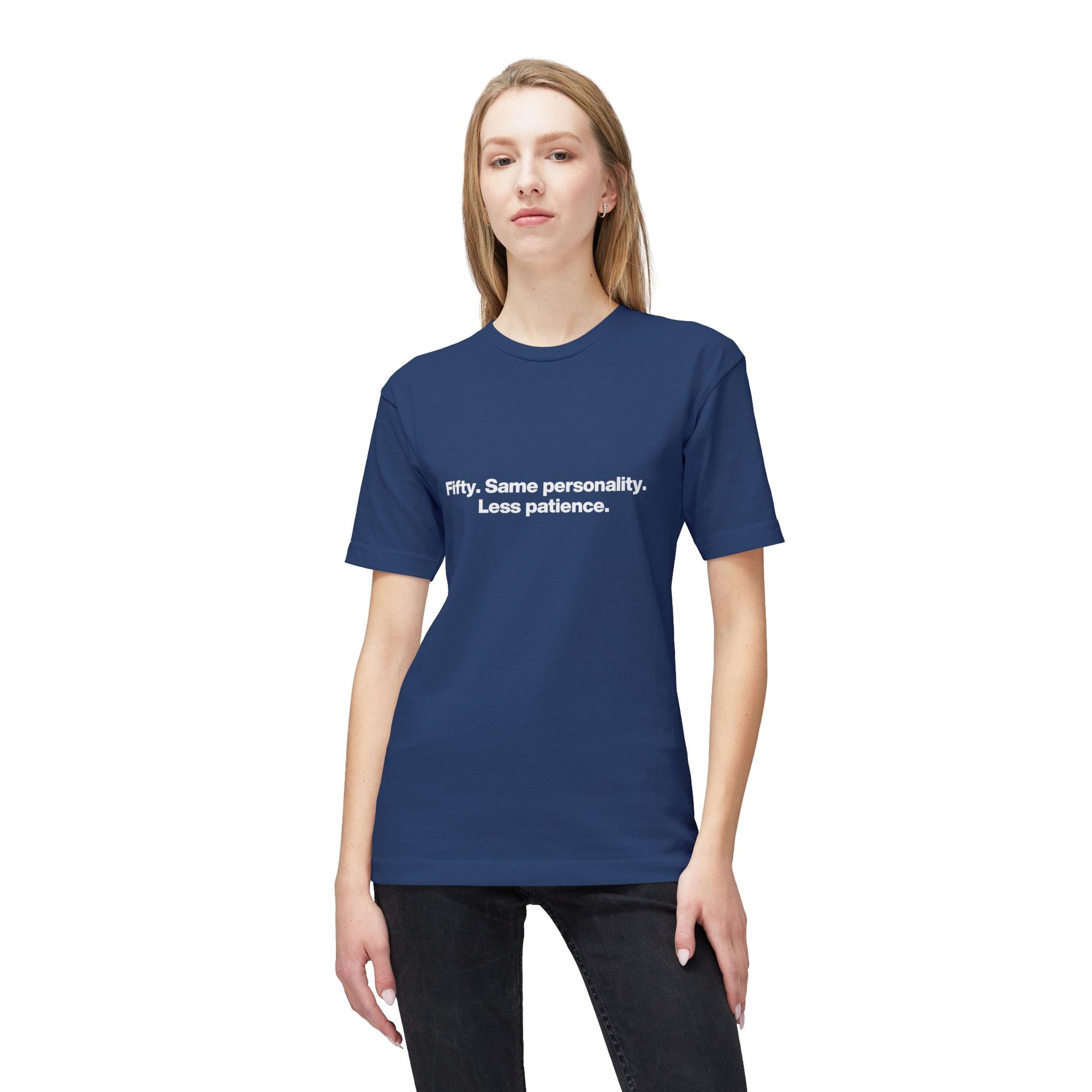 50th Birthday T-Shirt — "Fifty. Same personality. Less patience." Minimal Tee