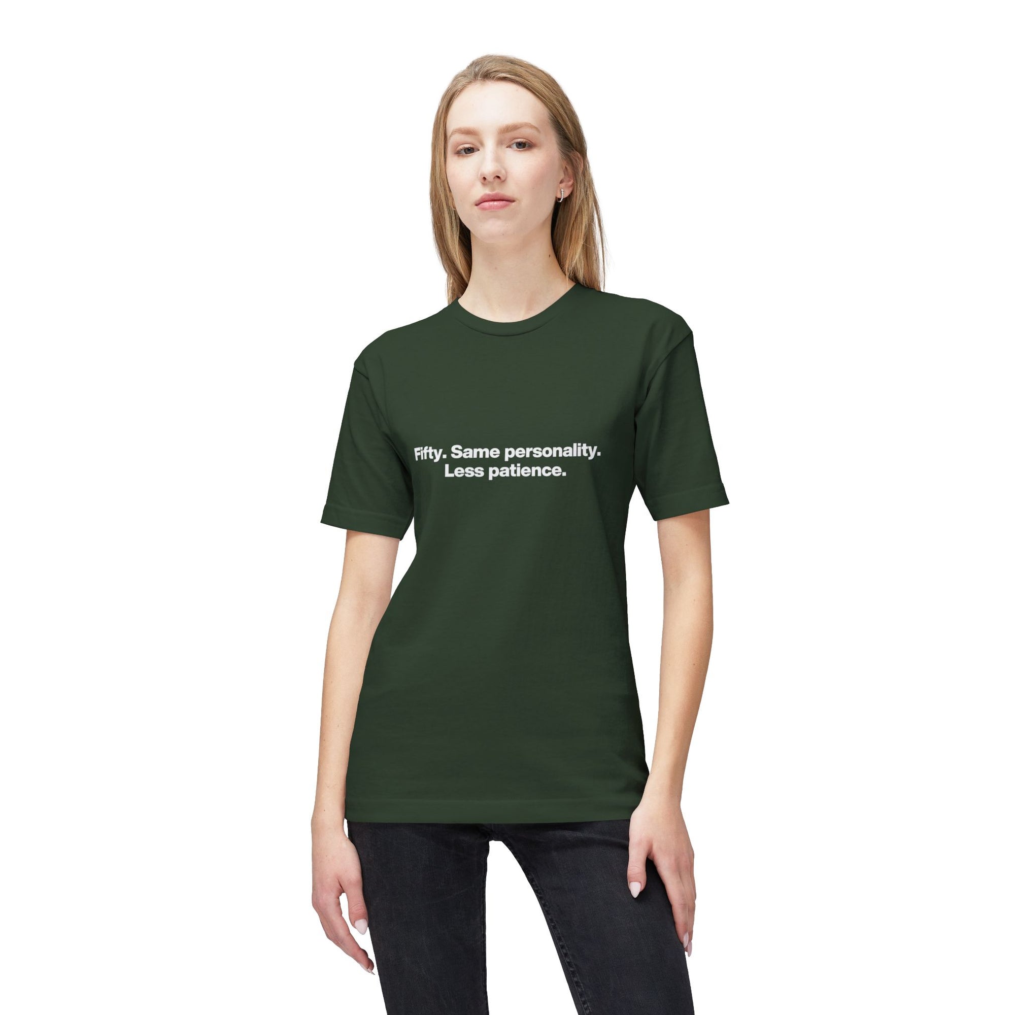 50th Birthday T-Shirt — "Fifty. Same personality. Less patience." Minimal Tee
