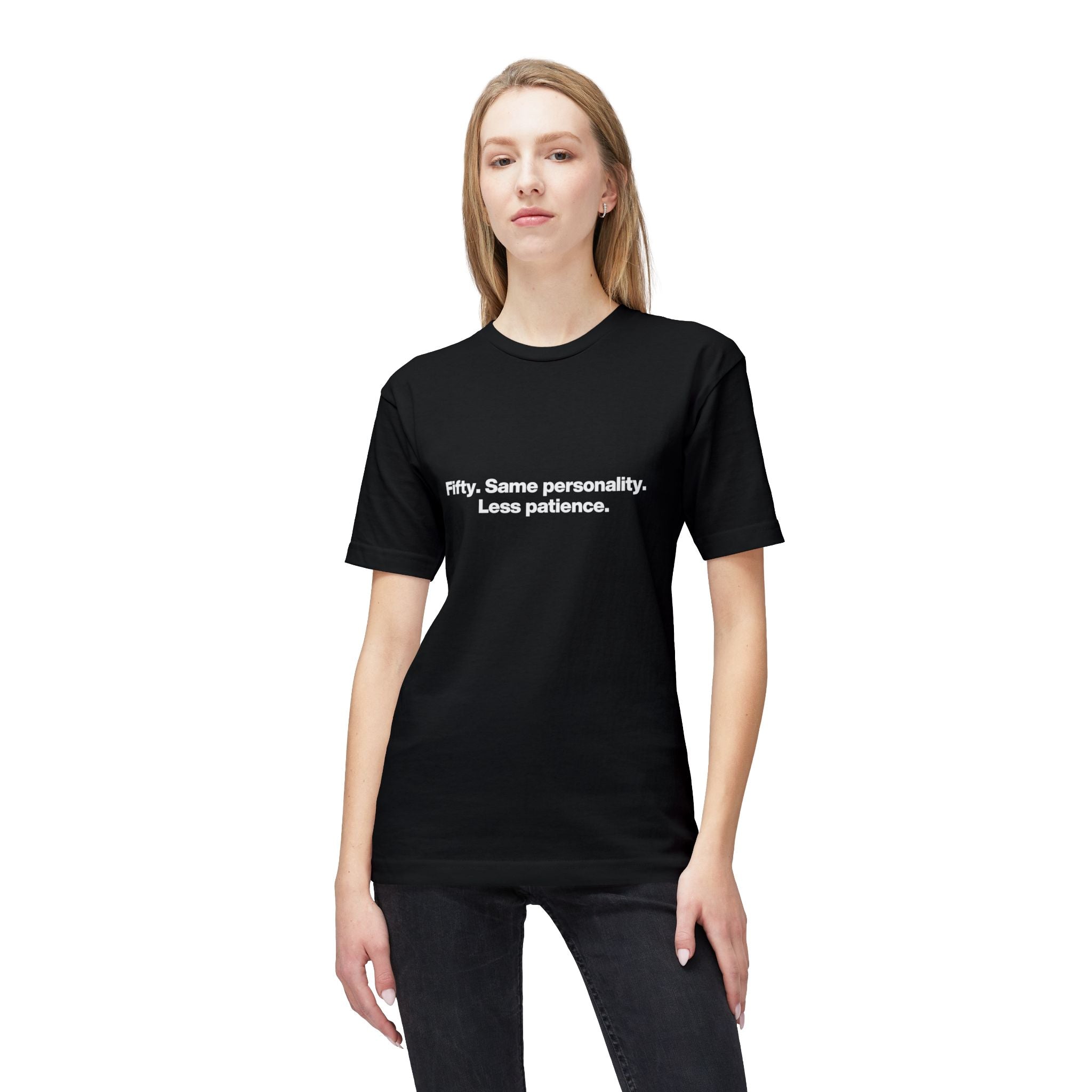 50th Birthday T-Shirt — "Fifty. Same personality. Less patience." Minimal Tee